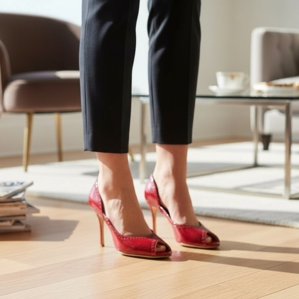 MANOLO BLAHNIK
Burgundy Patent Leather D'Orsay Peep Toe red heels - Picture 7 of 15